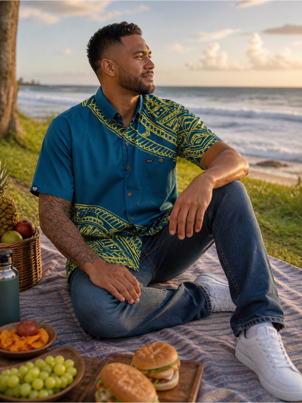 Tanoa men’s Teal Short-Sleeve Button-Down Shirt with Yellow Tribal Print
